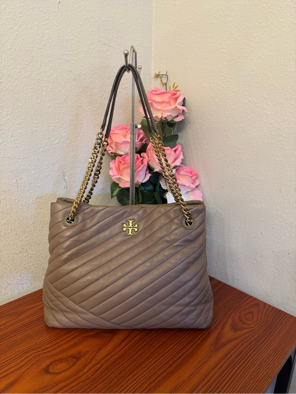 Tory Burch Taupe Quilted Leather Chain Shoulder Tote